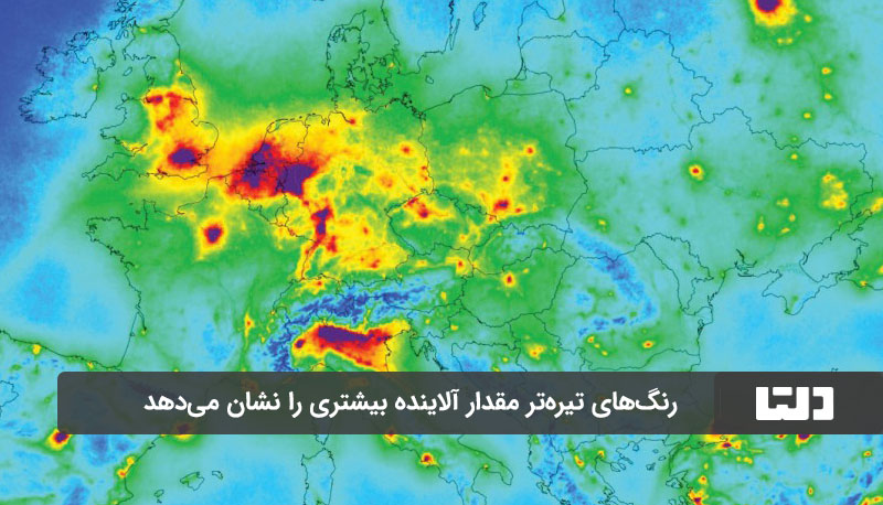 حجم آلاینده‌های نشان‌داده‌شده توسط ماهوارده ردیاب آلودگی هوا با رنگ‌های مختلف