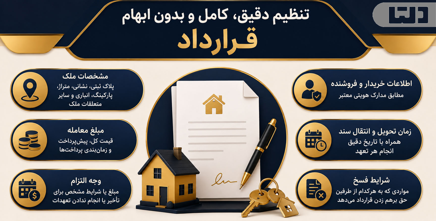 تنظیم دقیق قرارداد خرید خانه با بررسی مشخصات ملک، اطلاعات طرفین، مبلغ معامله، زمان انتقال سند و شرایط فسخ