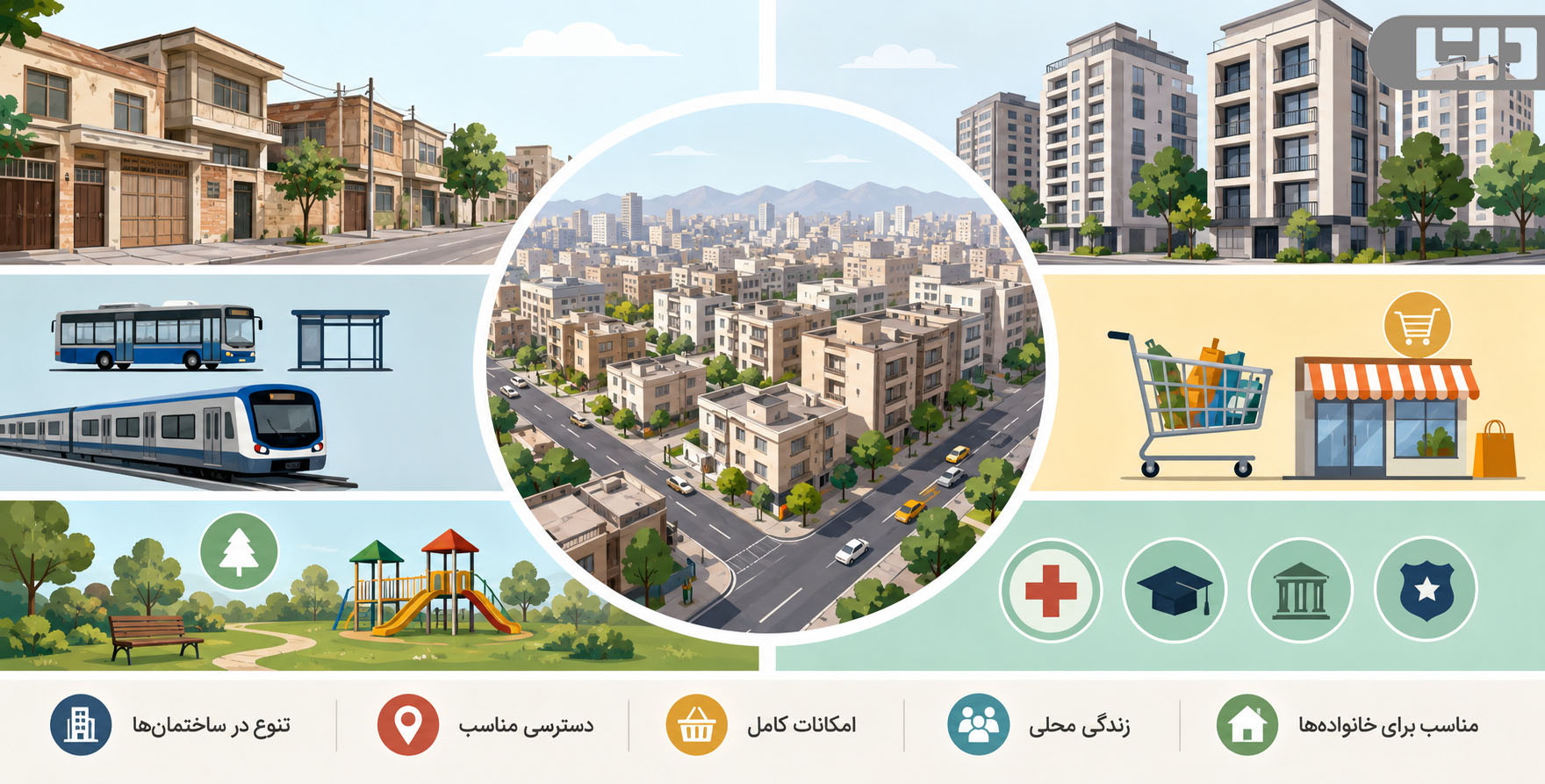 معرفی محله مشیریه با نمایش تنوع ساختمان‌ها، دسترسی مناسب، امکانات شهری،