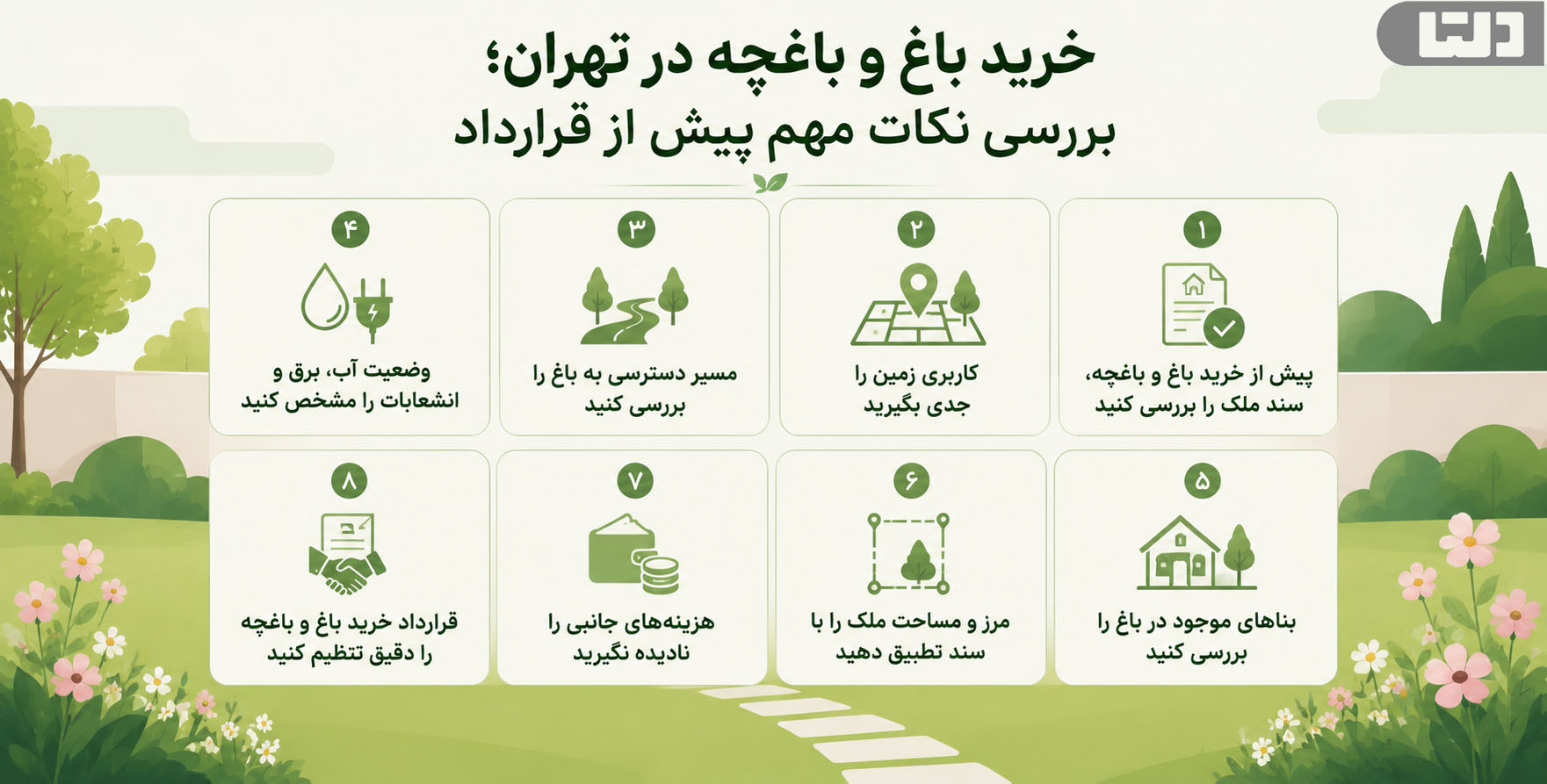 خرید باغ و باغچه با نکات مهم بررسی سند، کاربری زمین، مسیر دسترسی، انشعابات، بناهای موجود و قرارداد پیش از معامله