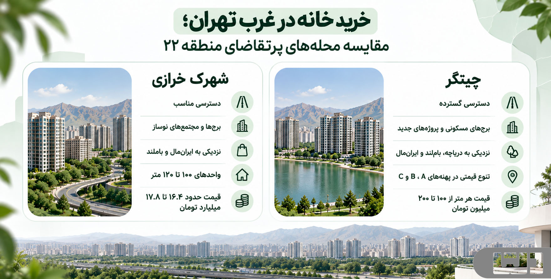 مقایسه خرید آپارتمان در شهرک خرازی و چیتگر منطقه ۲۲ تهران از نظر قیمت، دسترسی، نوع برج و امکانات مسکونی