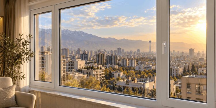 پنجره UPVC آپارتمان با چشم‌انداز شهر تهران و برج میلاد